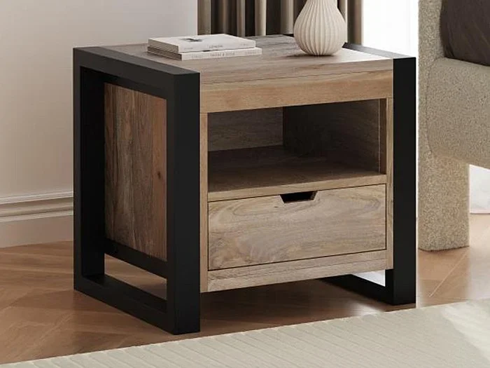 Mesita de noche con 1 cajón y 1 estante – Madera de mango y metal – Colores Natural y negro – HARLEM II