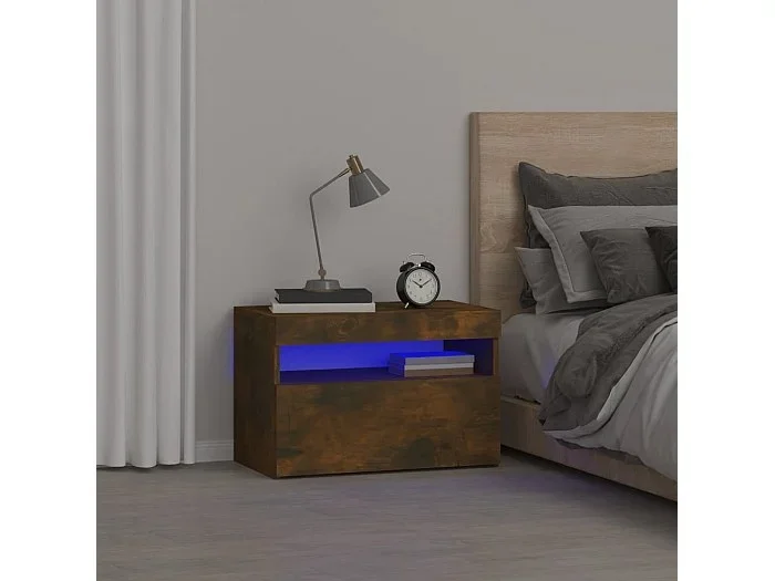Mesita de noche con luces LED color roble ahumado 60x35x40 cm ES24410