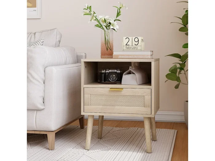 Mesita de noche de 1 cajón – Mesita de noche con estantes abiertos y tiradores dorados – madera