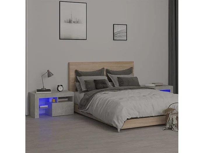Mesitas de noche con luces LED 2 uds gris hormigón 70×36,5x40cm ES799348