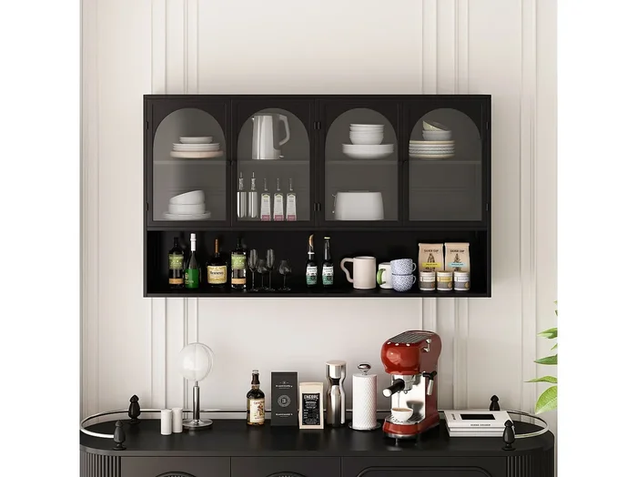 Mueble alto de 4 puertas, cristal templado, metal, almacenaje para cocina, salón, baño, negro, 120 x 23 x 70 cm