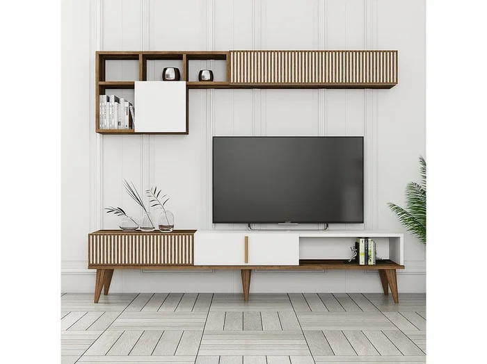 Mueble de TV – 180 cm de ancho – Nogal y Blanco – Melamina