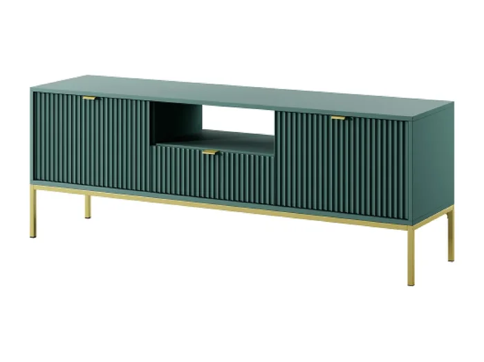Mueble de TV de 2 puertas y 1 cajón con patas de metal dorado, 154×56 cm