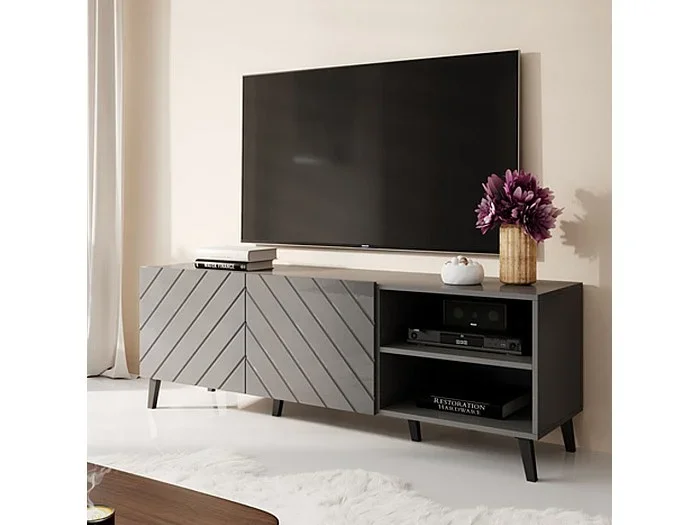 Mueble de TV de diseño Yaka gris brillante de 150 cm
