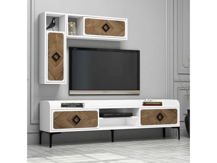 Mueble de TV moderno – 180 x 52 x 35 cm – blanco y nogal – melamina