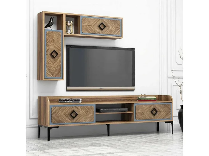Mueble de TV moderno – 180 x 52 x 35 cm – Nogal y Azul – Melamina