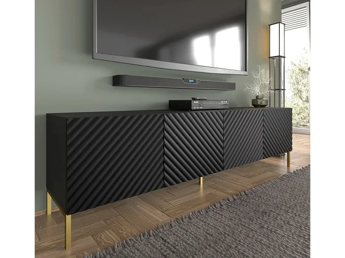 Mueble de TV SURF 200 cm 4D fresada negra mate patas de metal dorado