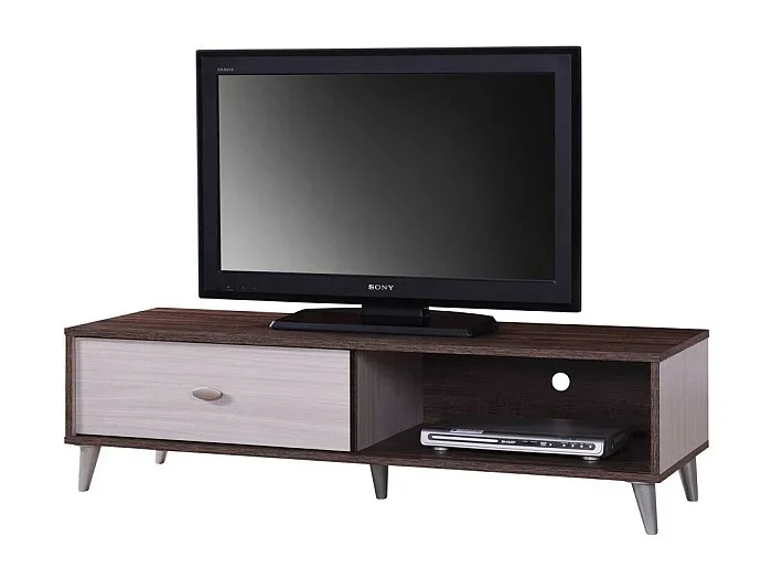Mueble para TV BODRUM de 120 cm con una puerta corredera en colores nogal y blanco.