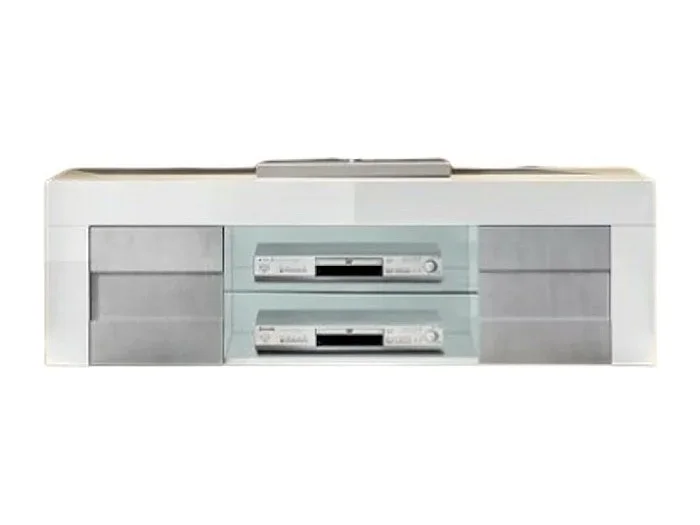 Mueble para TV de 180cm, 2 puertas, colección JET, color blanco lacado brillante y gris efecto concreto.