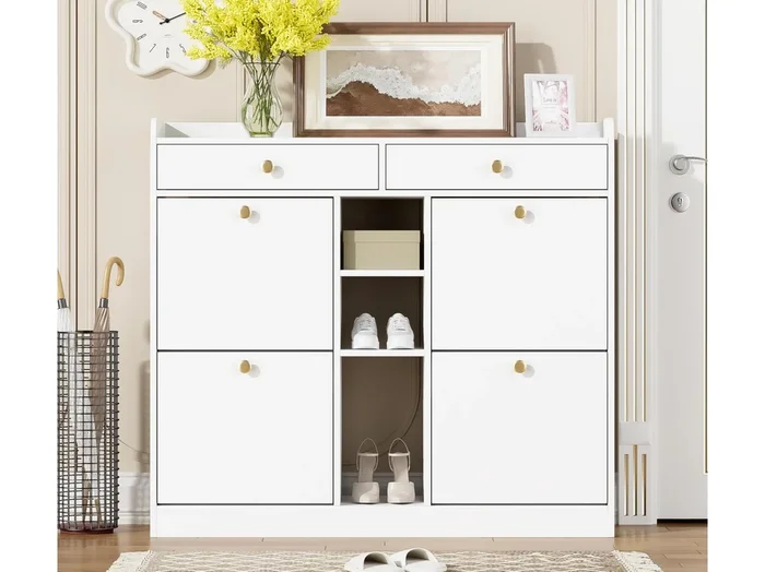 Mueble para zapatos 110 x 26 x 100 cm – con 4 puertas – 2 cajones – 3 compartimentos abiertos – blanco