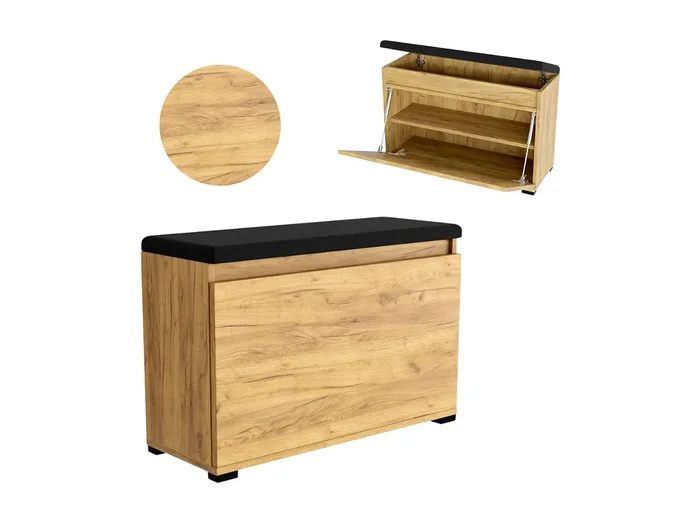 Mueble para zapatos 50 cm con almacenamiento, asiento tapizado, estante – Roble Dorado