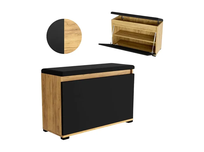 Mueble para zapatos 50 cm con almacenamiento, asiento tapizado, estante – Roble Negro