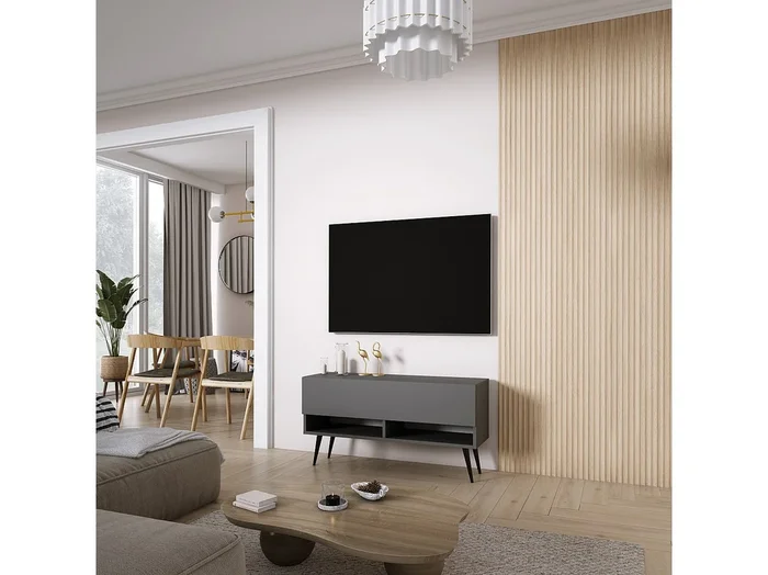 Mueble TV 100 cm Antracita, patas negras, 100 × 32 × 52 cm