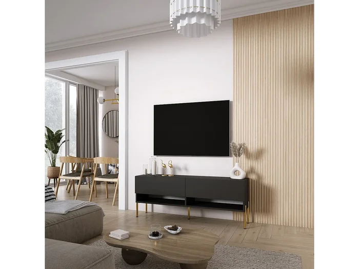 Mueble TV 140 cm Negro Mate, patas rectas doradas, 140 × 32 × 52 cm