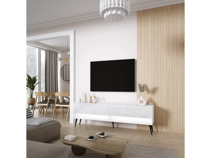 Mueble TV 170 cm Blanco Mate / Blanco Brillo, patas negras, LED blanco, 170 × 32 × 52 cm