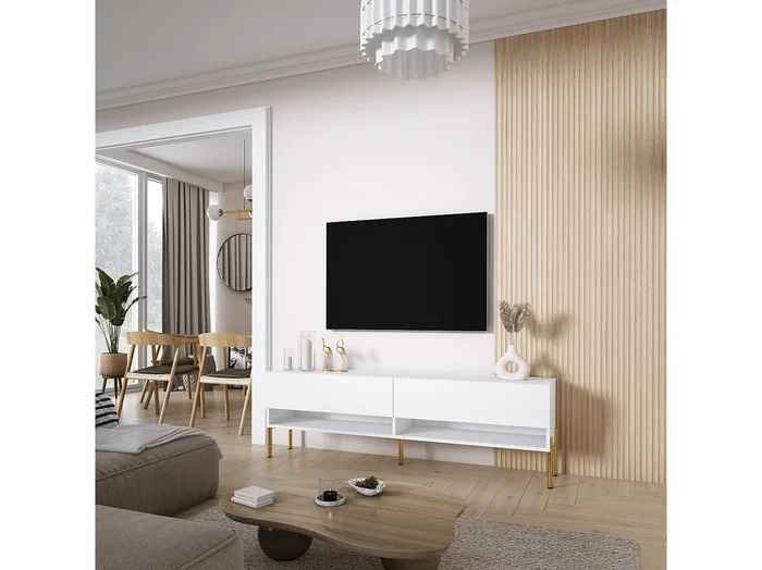 Mueble TV 170 cm Blanco Mate, patas rectas doradas, 170 × 32 × 52 cm