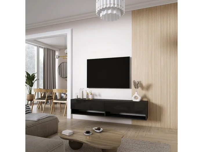 Mueble TV 170 cm Negro Mate / Negro Brillo, 170 × 32 × 34 cm