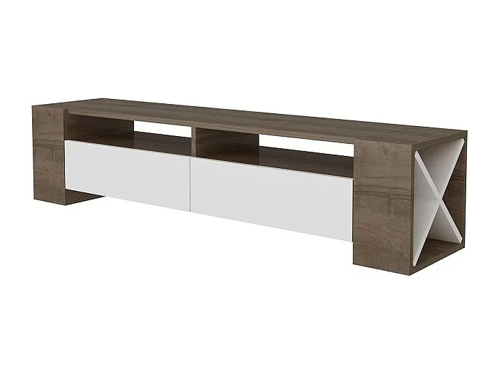 Mueble TV 2 cajones decorado en nogal y blanco L155 cm – Sosruko