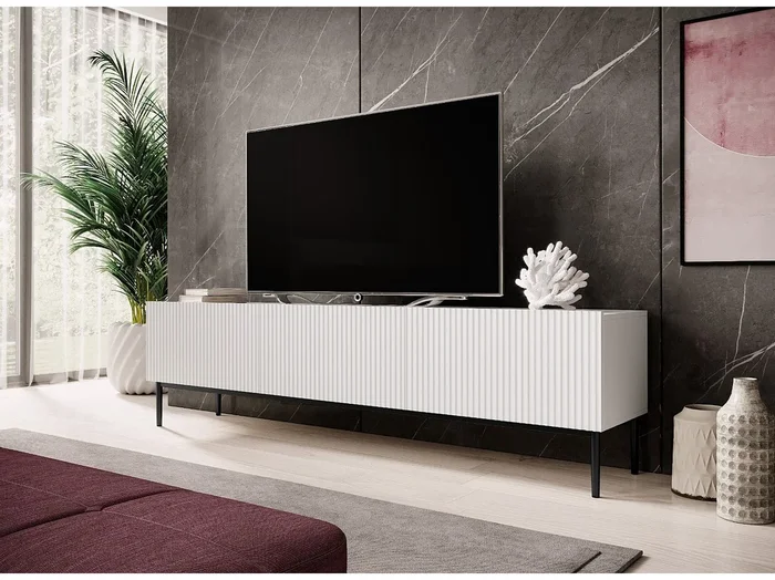 Mueble TV 2 puertas abatibles 1 cajón blanco con pie negro 200×45 cm