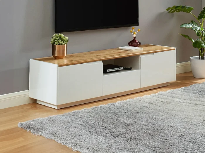 Mueble TV AMANI – 2 puertas y 1 cajón – MDF lacado blanco – Color blanco y roble