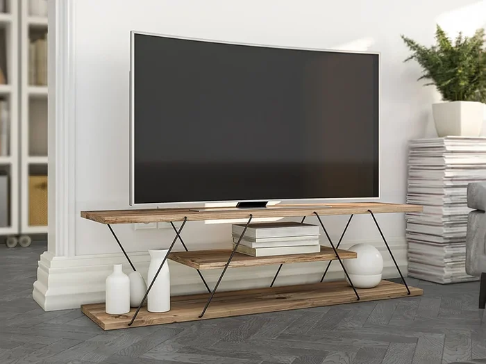 Mueble TV con 2 estanterías – Natural y negro – DELORY