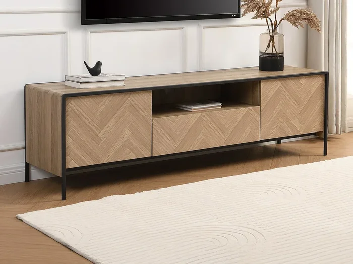 Mueble TV con 2 puertas, 1 cajón y 1 estante en MDF y acero – Natural claro y Negro – TUMACO