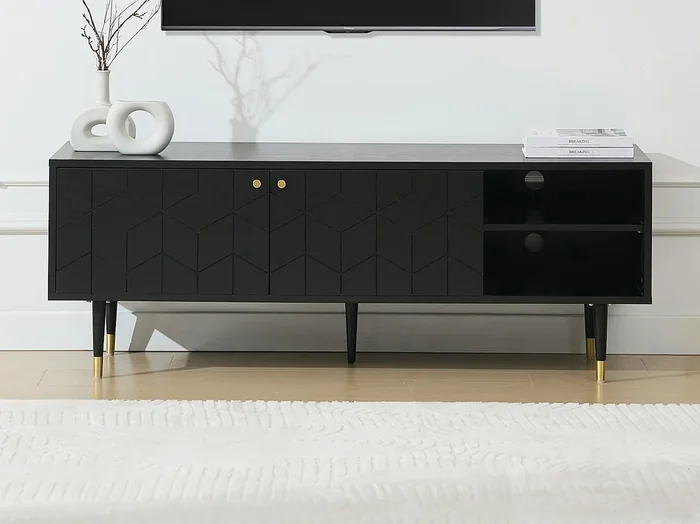 Mueble TV con 2 puertas y 2 estantes chapado en roble – Negro y dorado – PARIOMA