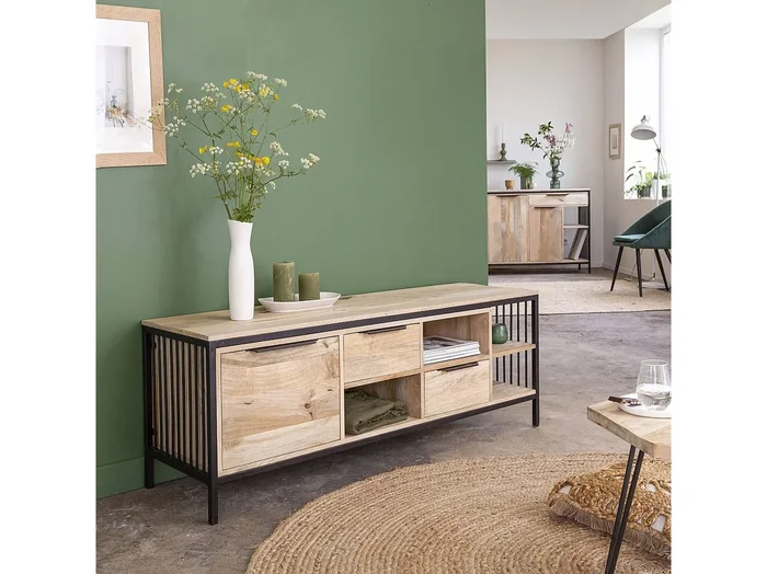 Mueble TV industrial de madera de mango y metal con almacenamiento y nichos Héloïse