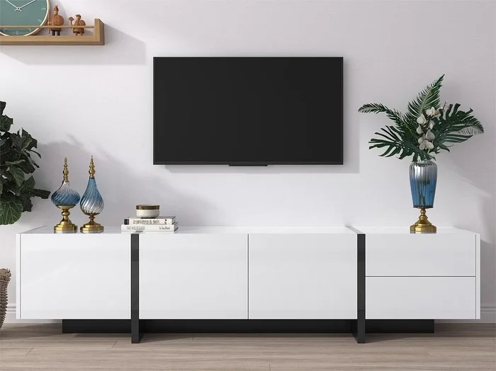 Mueble TV moderno de 190 cm con 3 puertas y 2 cajones – Blanco brillante y negro