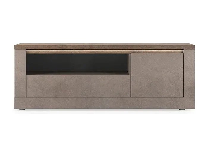 Mueble TV SASHA – 1 puerta, 1 cajón y 1 compartimento con LED – Bronce y tablero de madera Mercurio