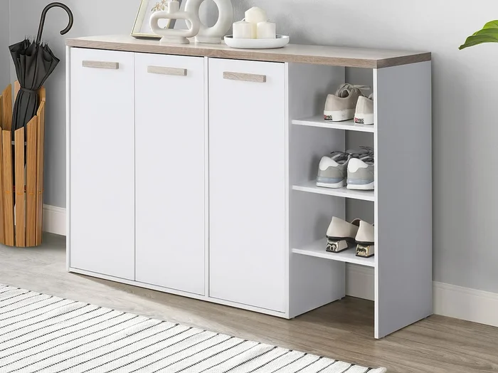 Mueble zapatero de 3 puertas y 3 estantes – Blanco y Natural claro – SKAIDO