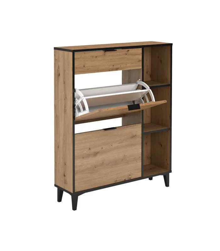 Mueble Zapatero María con 2 trampones, 1 cajón y estantes en roble albar. 90cm(ancho) 110.8cm(altura) 24.5cm(fondo)