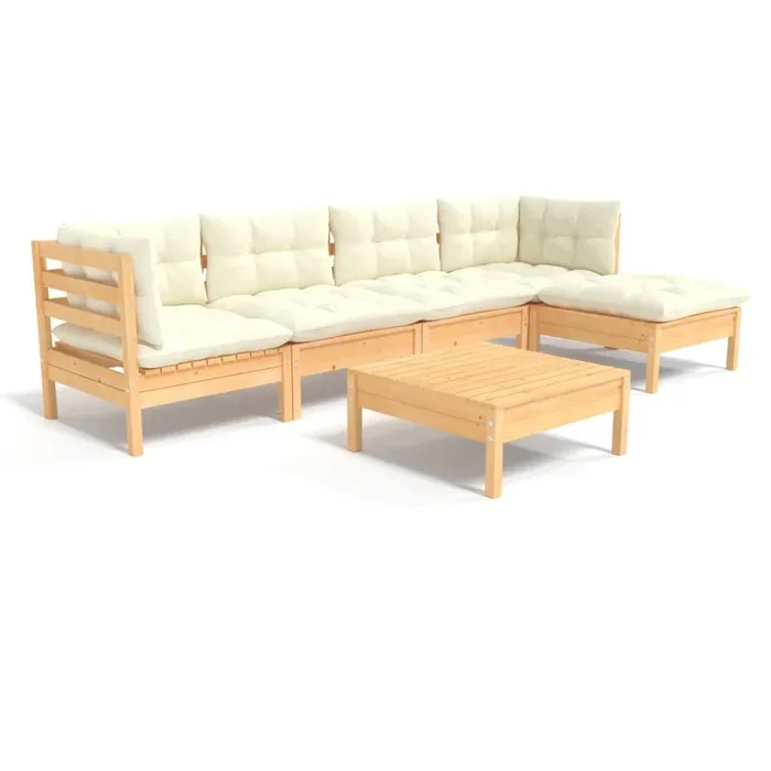 Muebles de jardín 6 piezas cojines madera de pino color crema