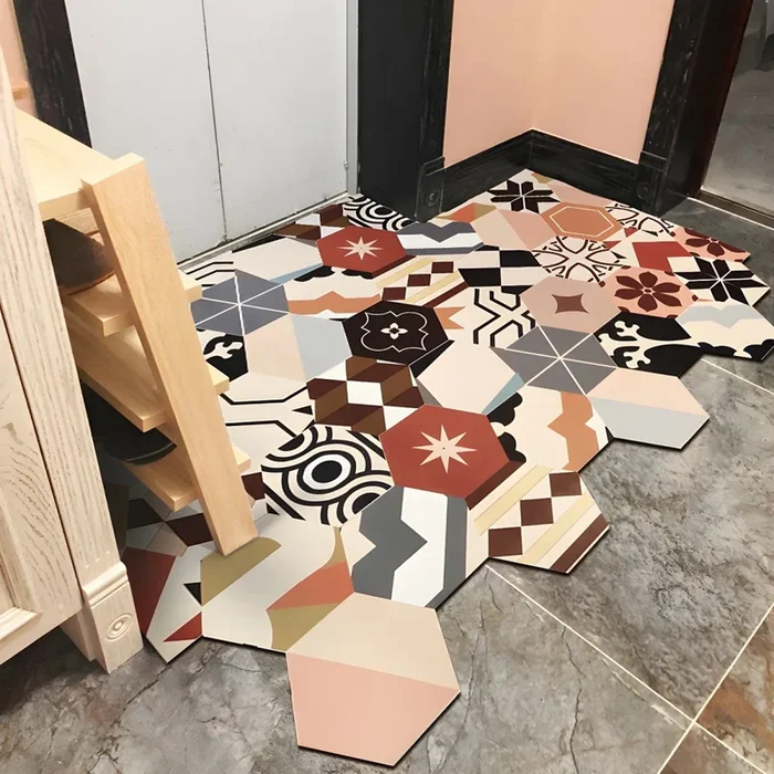 Multicolor Alfombra Hidrófuga Estilo Marroquí Tapete PVC con Patrón de Azulejos para Baño – Rojo 60 x 90 cm