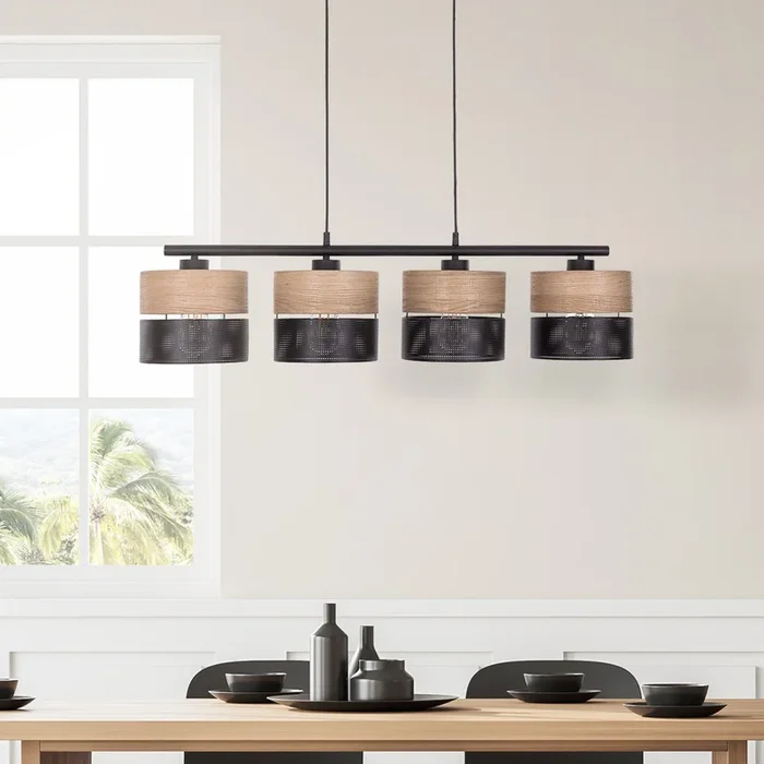 Nicol lámpara colgante, negro/efecto madera, 94×20 cm 4 luces 4 x E27