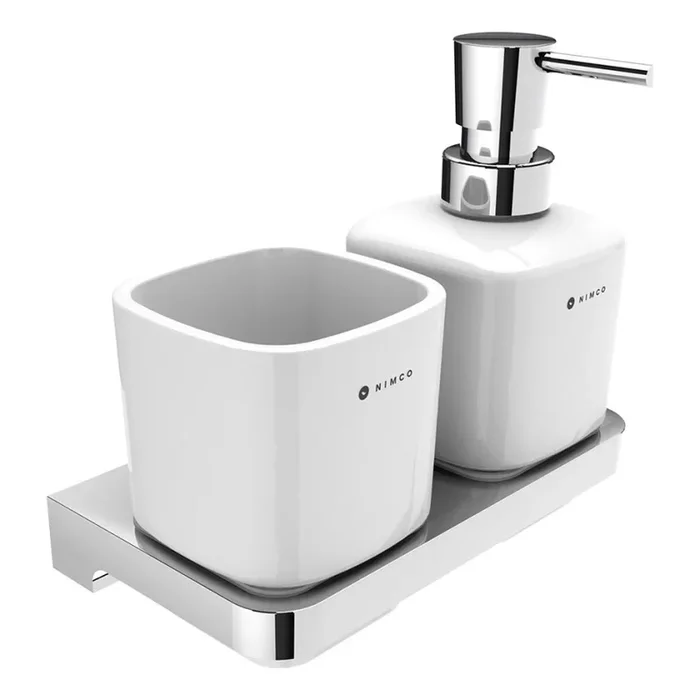 NIMCO MA 2905831K-T-26 – Dispensador de jabón de pared y soporte para cepillos de dientes MAYA 320 mm blanco/cromo brillante