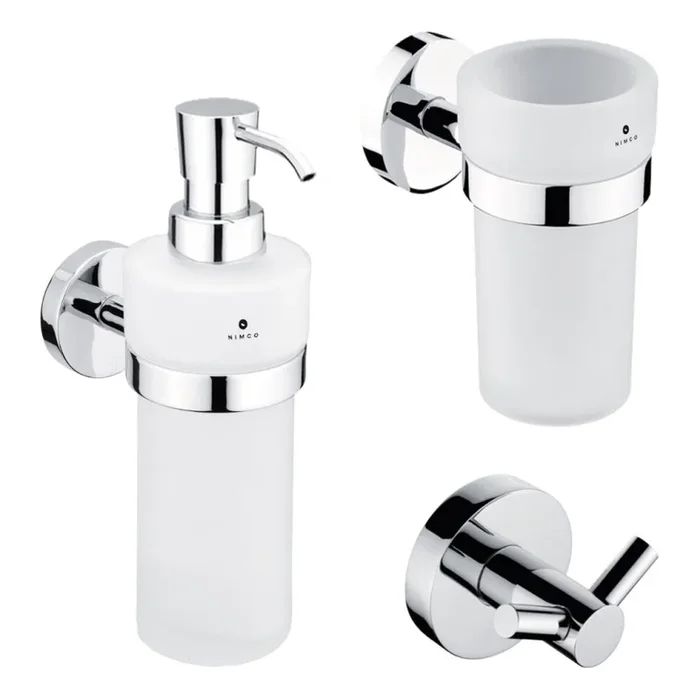 NIMCO UN set-31W-26 – Dispensador de jabón de pared, soporte para cepillos de dientes y gancho de pared UNIX 250 mm mate tarros/cromo brillante