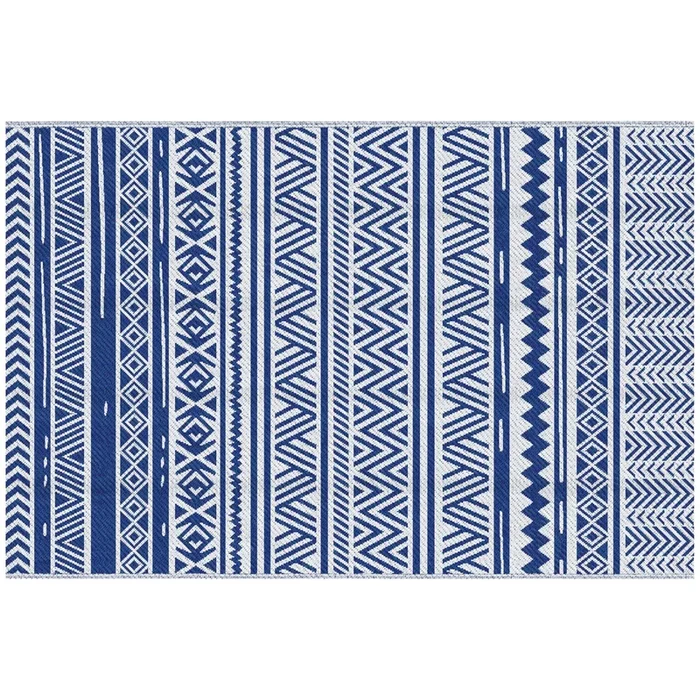 Outsunny Alfombra de Exterior 182×274 cm Alfombra Reversible con Patrón Geométrico Impermeable para Terraza Balcón Patio Camping Playa Azul Oscuro y Blanco