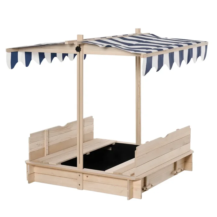 Outsunny Arenero para Niños de Madera Arenero Infantil con Toldo Ajustable en Altura 2 Bancos y Respaldos Desmontables para Patio Jardín 106x106x115 cm Madera Natural