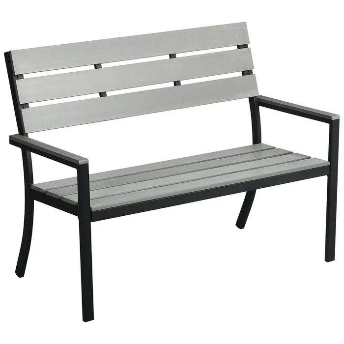 Outsunny Banco de Jardín de 2 Plazas de Plástico Banco para Exterior con Respaldo Reposabrazos y Marco de Acero para Terraza Balcón Porche Carga 240 kg 122x65x92 cm Gris