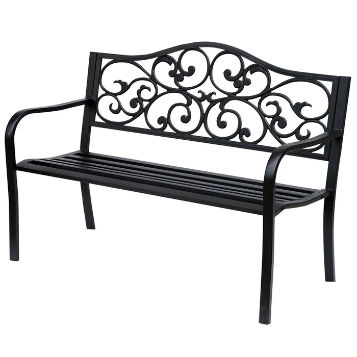 Outsunny Banco de Jardín de Acero Banco Exterior con Respaldo y Reposabrazos Carga 240 kg para Patio Terraza Balcón 127x60x89 cm Negro