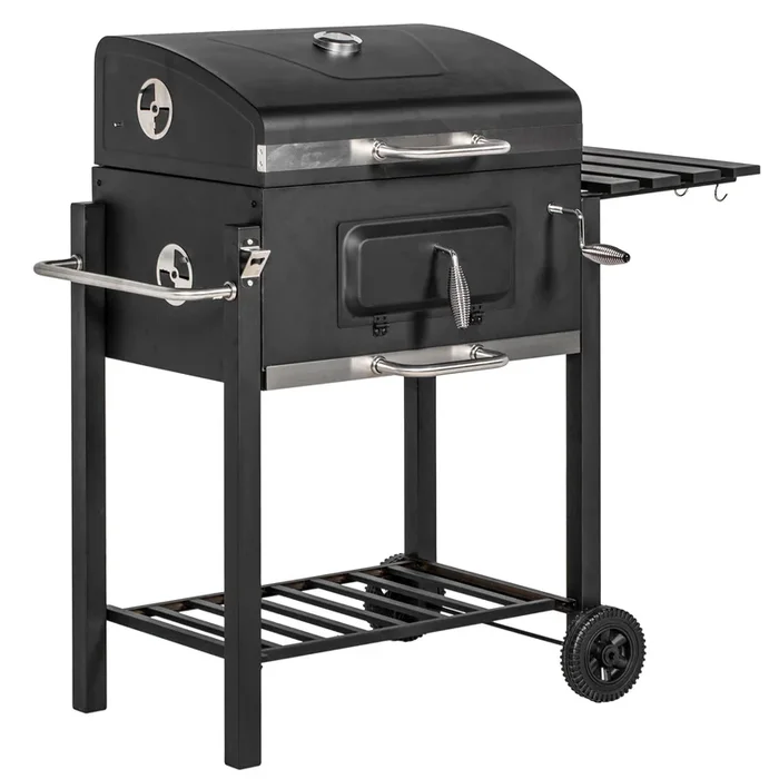 Outsunny Barbacoa de Carbón con Ruedas Barbacoa con Tapa Parrillas de Acero Inoxidable Termómetro Brasero Ajustable Bandeja Lateral y Estante 113x65x108 cm Negro