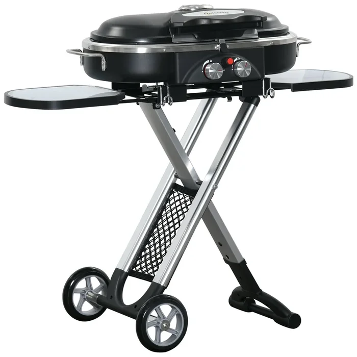 Outsunny Barbacoa de Gas 2,34 KW con 2 Quemadores Termómetro Parillas de Gas Plegable Portátil con 2 Ruedas y 2 Mesas Correderas para BBQ Camping 100×41,6×82,5 cm Negro y Plata