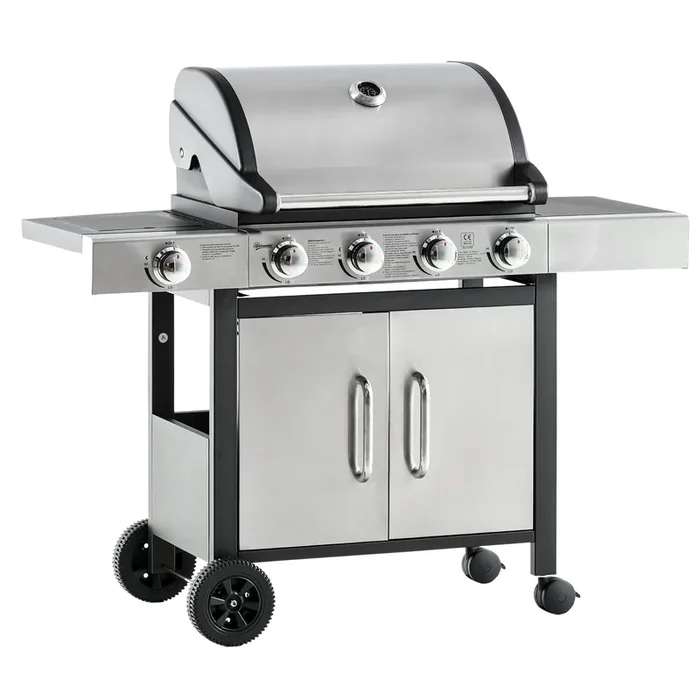 Outsunny Barbacoa de Gas con 4+1 Quemadores 15,2 KW Parilla de Gas BBQ de Acero con Termómetro 2 Mesas Laterales Armario de 2 Puertas y Ruedas con Frenos 118x55x113 cm Plata