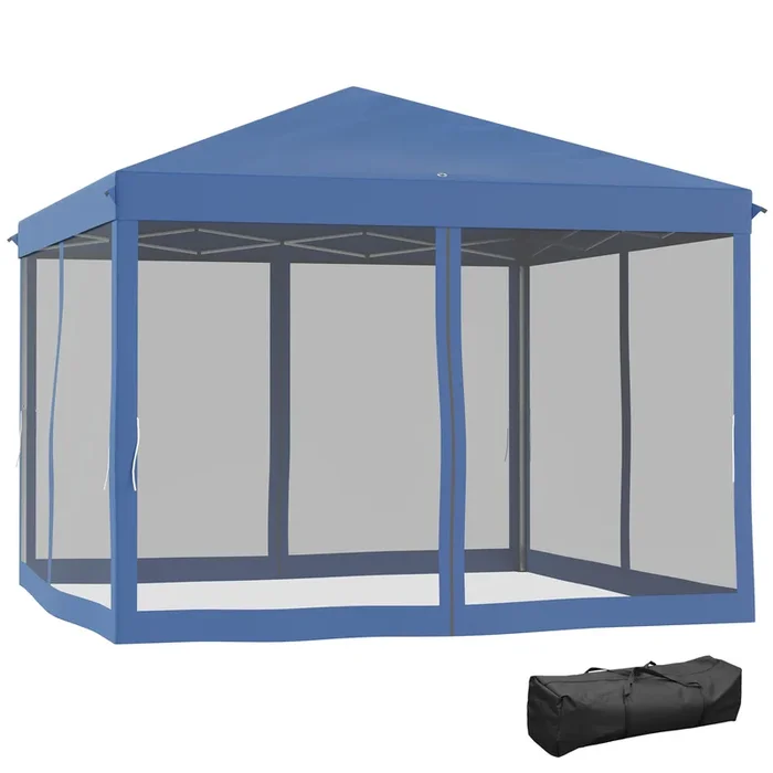 Outsunny Carpa Plegable 3×3 m Cenador de Jardín con 4 Paredes Laterales de Malla 8 Orificios de Drenaje Impermeable y Bolsa de Transporte Gazebo para Exterior Jardín Patio Fiestas Azul