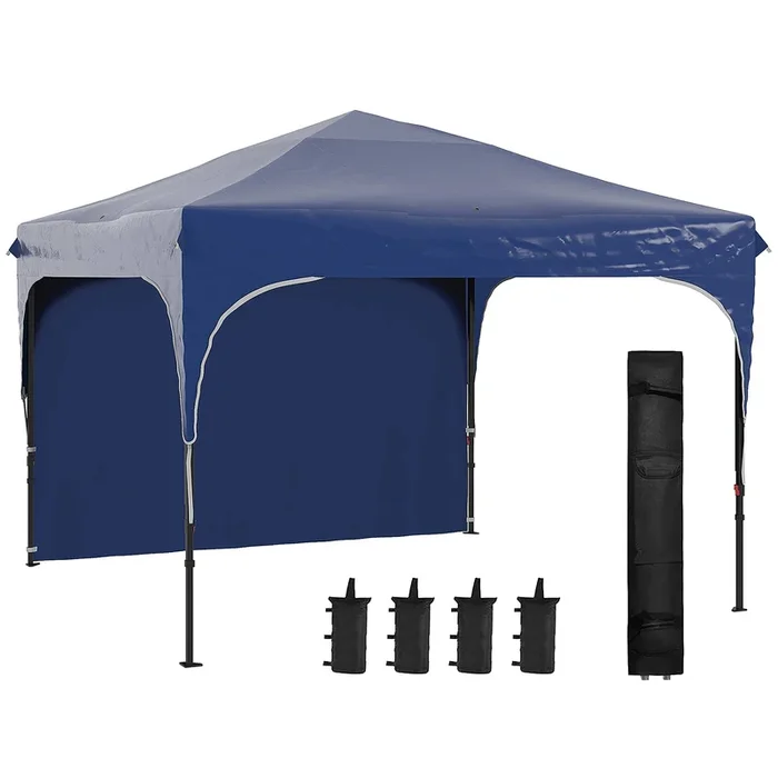 Outsunny Carpa Plegable 3×3 m Cenador de Jardín con Altura Ajustable 1 Pared Lateral Impermeable 4 Bolsas de Arena y Bolsa de Transporte Gazebo para Exterior Patio Fiestas Azul