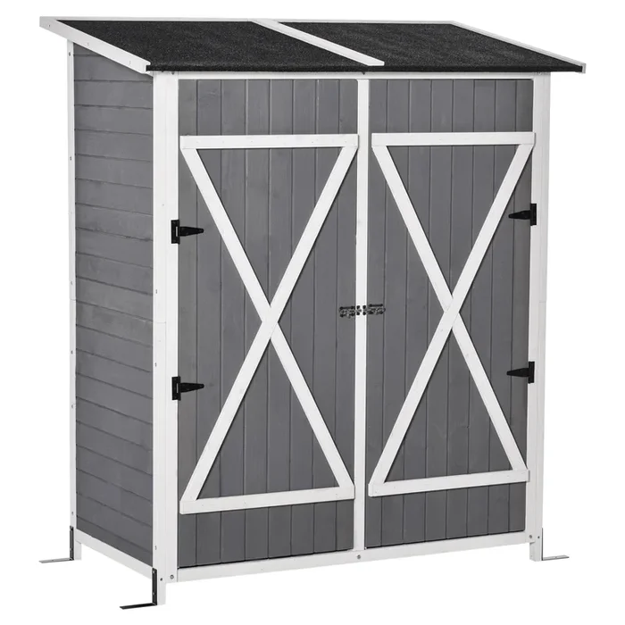 Outsunny Caseta de Jardín de Madera 139x75x160 cm Armario de Jardín Cobertizo para Almacenaje de Herramientas con Estantería Movible Puertas con Cerrojo Techo Asfáltico Gris