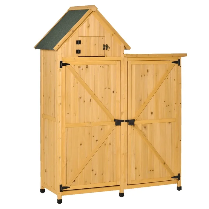 Outsunny Caseta de Jardín de Madera con 2 Puertas 138×54,5×175 cm Cobertizo de Almacenaje Herramientas Techo Asfáltico Estantes Ganchos para Exterior Madera Natural