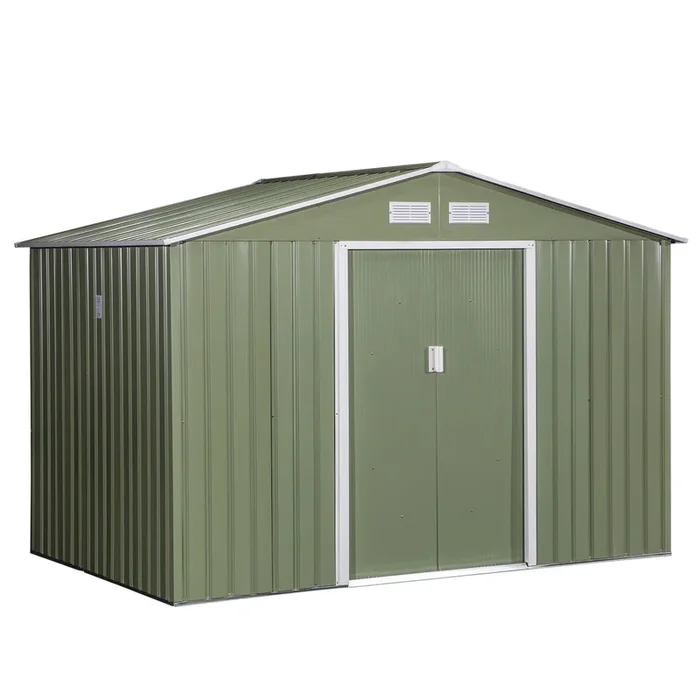 Outsunny Caseta de Jardín Exterior 4,9 m² 277x195x192 cm, Cobertizo de Jardín Exterior Metálico con Techo de Fibra de Vidrio, Puerta Corredera, Base Refuerzo (Suelo NO Incluido) y Ventanas Verde Claro