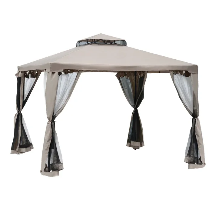 Outsunny Cenador de Jardín 3×3 m Pabellón de Exterior con Doble Techo de Ventilación 4 Cortinas Mosquiteras Laterales con Cremallera 8 Orificios de Drenaje Gazebo para Fiestas Patio Marrón Pardo